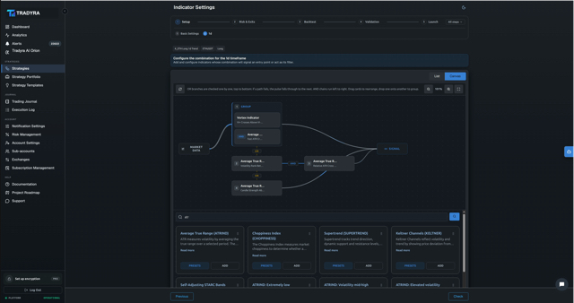 Tradyra no-code strategy builder — 10-step wizard for crypto trading bots — view 3 of 17